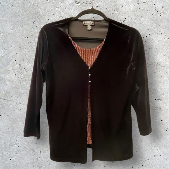 Impressions Tops - Impressions Womens Top Medium Black Velvet Twofer Long Sleeve Metallic Stretch